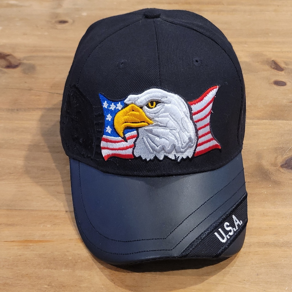 USA Bald Eagle Patriotic Hat Cap Strap Back Black Flag United States One Size